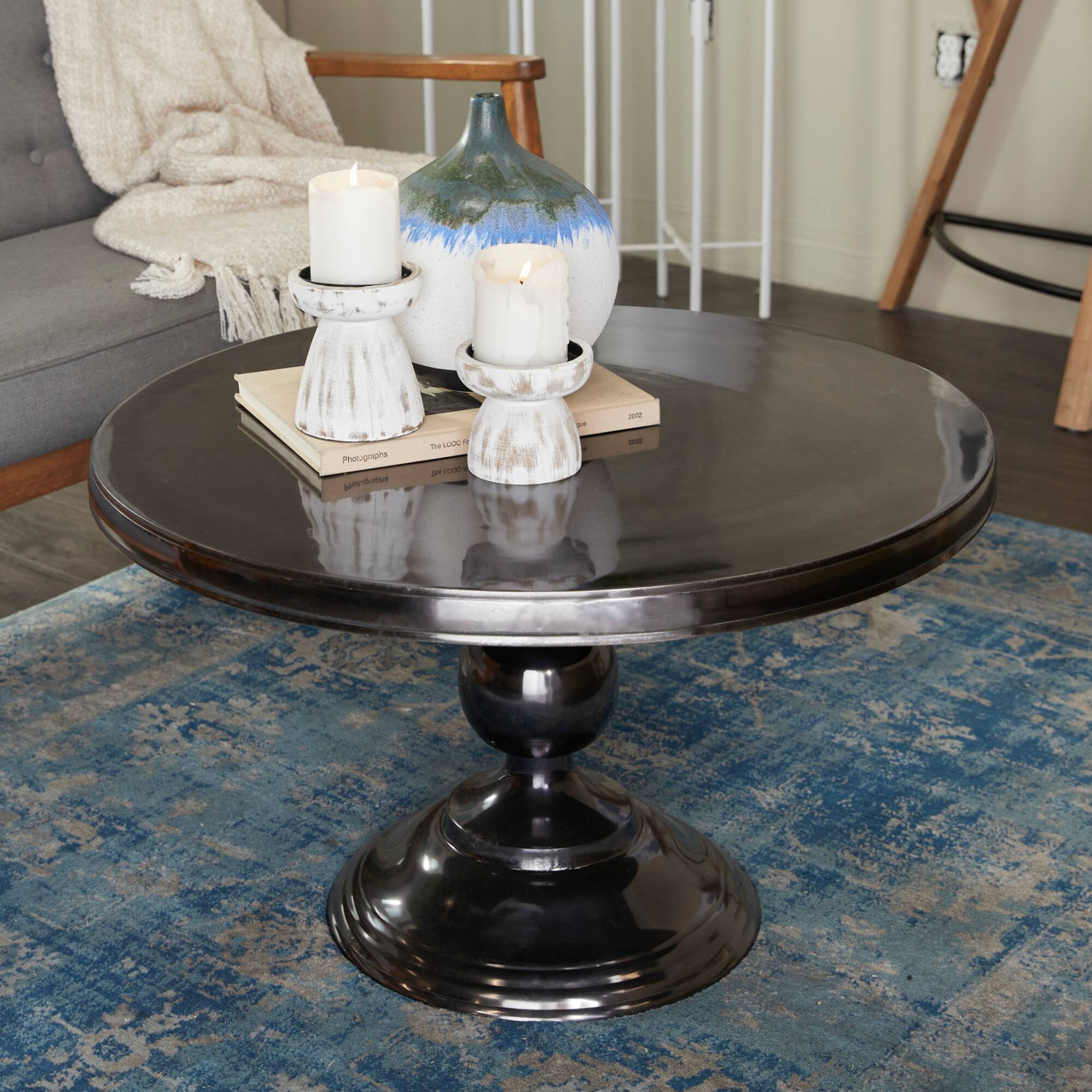 Black Aluminum Coffee Table with Pedestal Base 31" x 31" x 19"